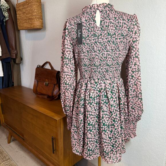 Women's Lulus Pink and Green Floral Smocked Top Long Sleeve Dress Size L NEW - Picture 6 of 8